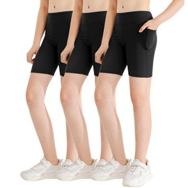 Naiyafly Girls Volleyball Bike Shorts Stretch Youth Athletic Gymnastics Shorts 3 Pack Kid Yoga Dance Compression Shorts with Pocket Black