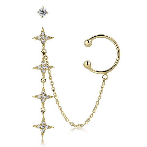 Ear Cuff Chain Earrings Star Stud Dangle Sterling Silver Star