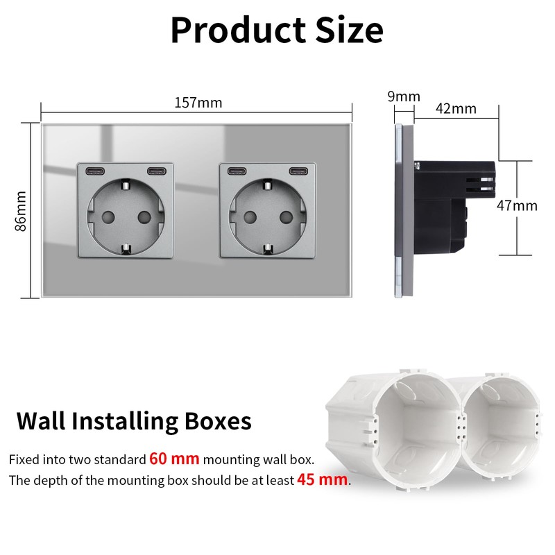 JIMEIDA Socket Grey with USB C 20 W Double Fast