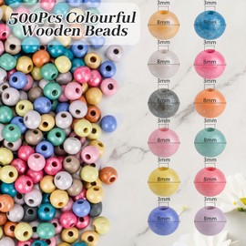 I LOVE MOM Wooden Beads for Threading Pack of 300 Pearl-Coloured Wooden Beads Colourful (8 mm Mother of Pearl)