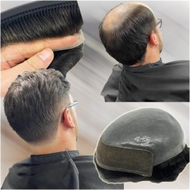 Hair Toupee men Sistema de reemplazo de cabello humano Remy Peluca for hombres Línea de cabello natural Frente de encaje suizo con piel fina PU Tupé for hombres Prótesis capilar masculina duradera Tup