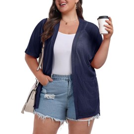 OLRIK Plus Size Cardigan for Women Summer Cardigan for Women Pockets Drape Trendy 2024 Sweaters Casual Loose Fit Duster Cardigan Lightweight Cardigan Navy Blue-3X