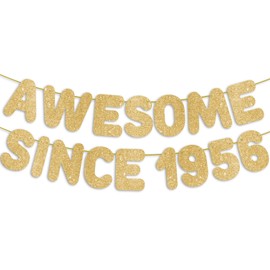 Pre-Strung Awesome Since 1956 Gold Glitter Banner, 70th Birthday Decorations for Women, 70 Year Old Anniversary Party Sign for Men