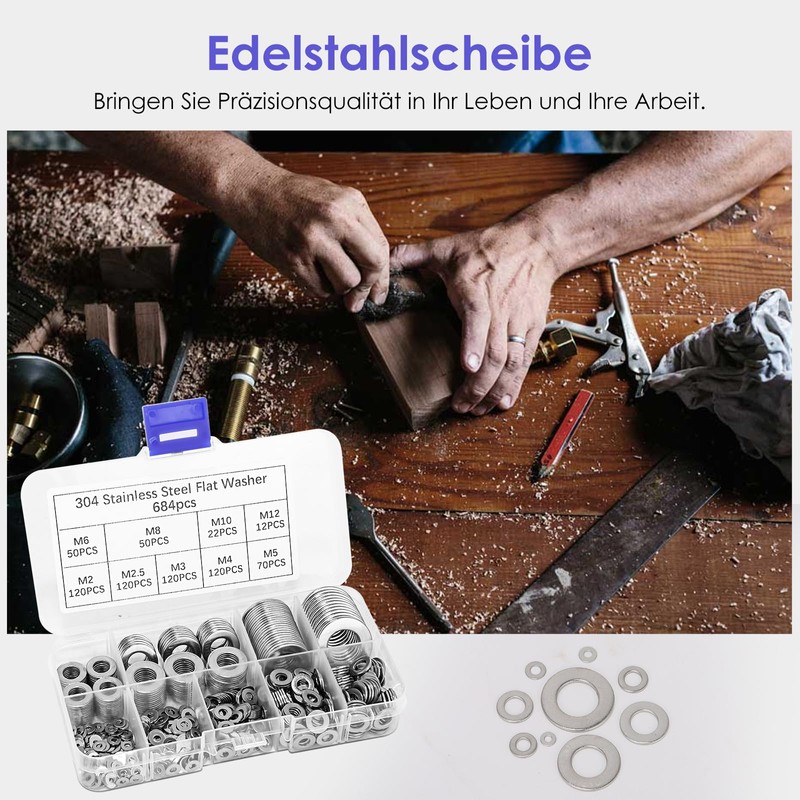 Flat Washers Set Stainless Steel 684 Pieces with Assortment Box