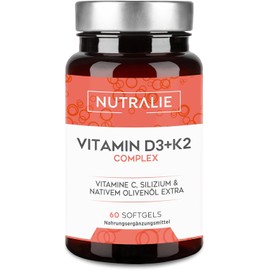 Vitamin D3 + K2 Hochdosiert - 10.000 IE Vitamin D3-99,7+% All-Trans MK7 (K2VITAL®) - Mit Vit D3 + K2 + Silizium & Olivenöl - 60 Softgels - Laborgeprüft - Nutralie