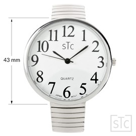 STC Silver Super Large White Face Case Size 43mm Extra Large Stretch Band Easy to Read Watch, Silver, Casual