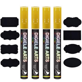 DIGIELE Chalk Pen Gold, 4 Pieces Gold Chalk Pens 3 mm + 16 Board Labels, Reversible Thin or Medium Tip, Dry or Wet Wipe Liquid Chalk for Whiteboard, Blackboard, Windows and Glass