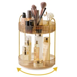 Asayuee 360 Rotating Makeup Organizer,2 Tier Large Capacity Make Up Organizers and Storage,Skincare Perfume Vanity Organizers,Bathroom Cosmetics Storage Organizer Countertop(Gold)
