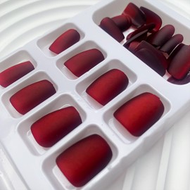 Wine Red Fake Nails Square Press on Nails Short Matte Ombre Acrylic Nails Glossy Glue on Nails Reusable Full Cover Stick on Nails Gel False Nails for Women DIY Manicure Decoration 24Pcs