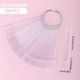 Hao Zhu Clear Nail Swatch Sticks 100Pcs, Fan Tips & Metal Ring, 2 Sets | Clear nail swatch sticks for salon display & practice; solves messy colour storage with handy metal ring