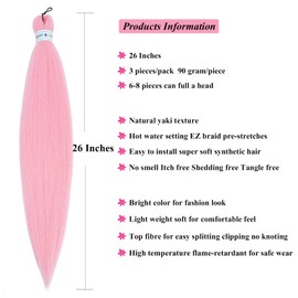 Pastel Light Pink Braiding Hair Pre Stretched Knotless Prestretched Braiding Hair Extensions for Twist Braiding Crochet Hair Pink 3 Packs 26 Inch Yaki by UPruyo (3 PastelPink)