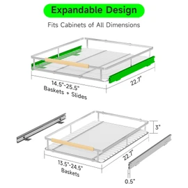 SOFRON Expandable Pull Out Drawers for Cabinets, Kitchen Cabinet Slide Out Shelves, Adjustable Roll Out Drawers, Stainless Steel, Large 2 Pack, (14.5"-25.5") Cabinet Width x 22.7" Depth