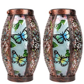 TEYIGARDEN 2PCS Butterfly Solar Lanterns Glass & Metal Hanging Light Outdoor Waterproof 16" H Tabletop Lamp with Hollowed-Out Design with Shepherd's Hooks for Garden Patio Table Decor