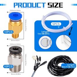 YOTINO Pack of 5 PTFE Teflon Hose with 10 PC4-M6 Pneumatic Connectors, 10 PC4-M10 Pneumatic Connector and 1 White Wrap Hose belonging to 3D Printer with 1.75 mm Filament (Black)
