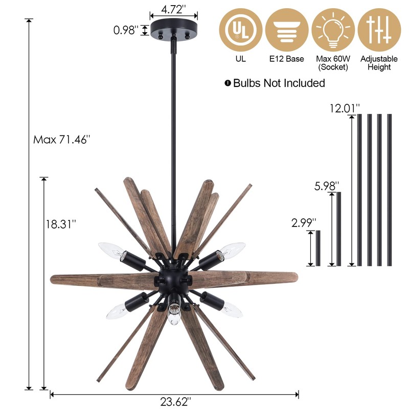 VANZARLA 6-Light Sputnik Pendant Light Black, Wood Chandelier for Dining