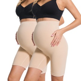 HOFISH Women's Maternity Shapewear Seamless Pregnancy Underwear for Dresses Belly Support High Waisted Panties Shorts 2Beige S
