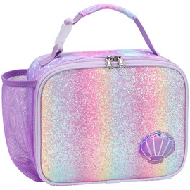 BrainyBees Kids Lunch Bag for Girls - Insulated Kids Lunch Box with Water Bottle Holder Toddler Lunchbox for Daycare and School, Easy to Clean, Glitter Purple Mermaid