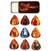 Tin of 9 Flaming Guitar Plectrums - Double sided -