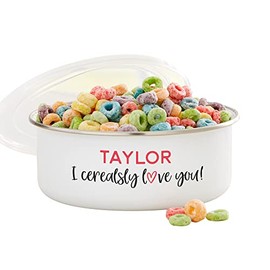Personalization Universe I Cerealsly Love You Enamel Bowl with Lid - Customizable Romantic Gift, Perfect for Cereal, Snacks, 20oz Serving Size, Kids, Valentine's Day Gift Idea