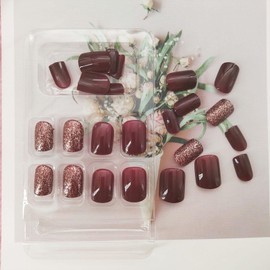 TUZANDW Square Press on Nails Short Burgundy - TUZADNW Acrylic Short Fake Nails Fall Nails Press ons, Full Cover Glue on Nails Short Artificial Glossy Glitter Designs for Women 24 Pcs