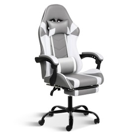 YSSOA Gaming Chair, Computer Chair with Footrest, Height Adjustable & 90°-135° Tilt Function, Swivel Recliner Ergonomic Racing Style Video Game Chair with Lumbar Support (Grey/White)