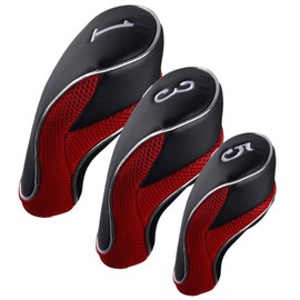 Andux Golf Club Driver Wood Head Covers with Hook & Loop Set of 3 Black/Red