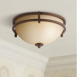 Oak Valley Collection Mission Ceiling Light Flush Mount Fixture Rustic Bronze 15" Wide Cream Scavo Glass Bowl for Bedroom Kitchen Living Room Hallway Bathroom - Franklin Iron Works