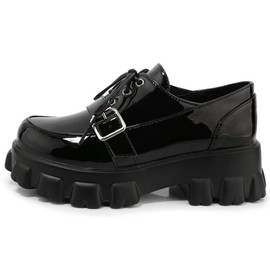 KOKOMOMO Womens Patent Leather Platform Oxfords Chunky Lace Up Goth Buckle Shoes,Size 9 Black