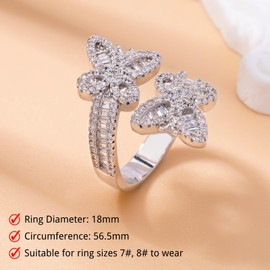 Iced Out Jewelry Diamond Butterfly Interlocking Adjustable Ring, Hip Hop Bling 5A Cz Stones Shiny Baguette Engagement Gold Luxury Party Pinky Ring For Women (Silver, One Size)
