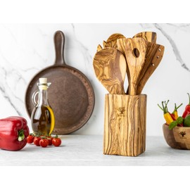 SOLTAKO Olive Wood Cutlery Holder for Kitchen Utensils Holder Wooden Cutlery Stand 15 x 9 x 9 cm (H x W x L)