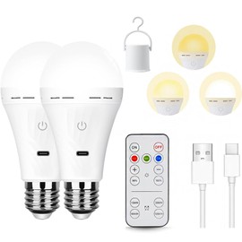 SiJiMingyue Rechargeable Battery Operated Light Bulbs for Non-Hardwired Fixtures with Remote and Timer, 3 Color Temps Dimmable Battery Backup Bulbs with Hooks for Decorative Lighting Outdoor Lighting