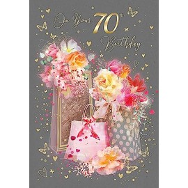 Cherry Orchard 70th Happy Birthday Card with Present and Flowers Design with Gold Foil Details and Gold Envelope from