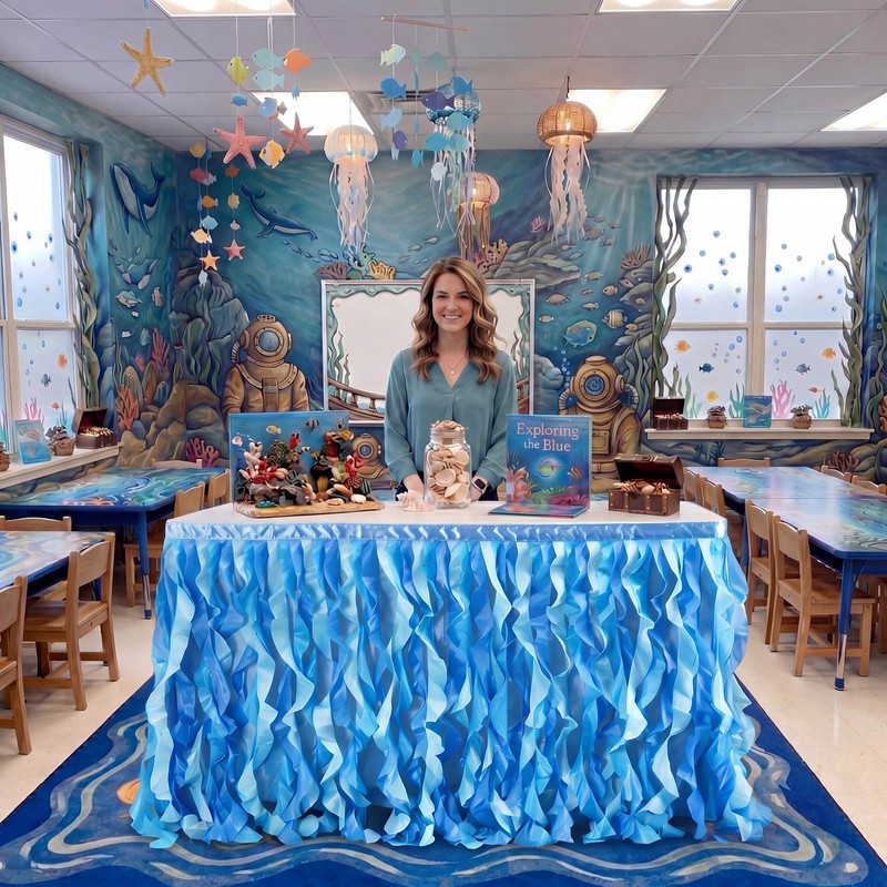 Windkream 6 ft Ocean Table Skirt for Teacher Desk Ocean