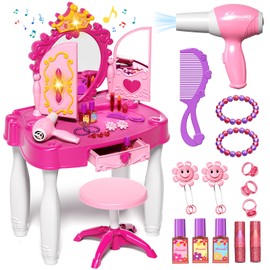 Eohemeral Toddler Makeup Table with Mirror and Chair, Kids Makeup Vanity Set with Accessories and Lights and Music Sound for Girls, Toddlers 3-5 Years Old