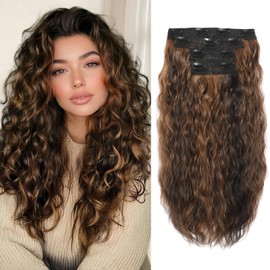 Clip in Hair Extensions, Soft Lace Weft Short Curly Hair Extensions Clip ins Thick Invisible Natural Hair Pieces for Women, Double Weft 4Pcs 14 Inch Dark Roasted Coffee Mixed with Caramel Brown