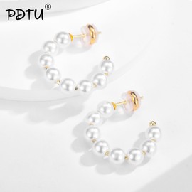 PDTU Pearl Earrings, Hoop Earrings with Pearls, 14K Gold-Plated Pearl Earrings, Lightweight Open Hypoallergenic Circle Round Pearl Earrings, Medium Size, 15 mm, 20 mm, Jewellery for Women and Girls,