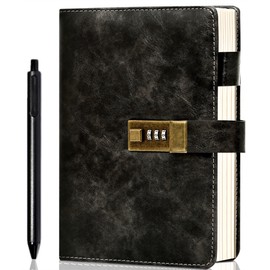 Journal with Lock for Men and Women Waterproof Diary with Lock 192 Pages Mens Locked Journal with Pen A5 PU Leather Journal with Lock Journal for Men Password Protected Notebook with Lock, Black