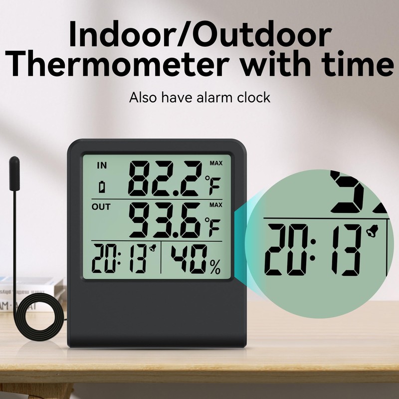 4-in-1 Thermometer Hygrometer with Alarm Clock, Large LCD, 1.5 m