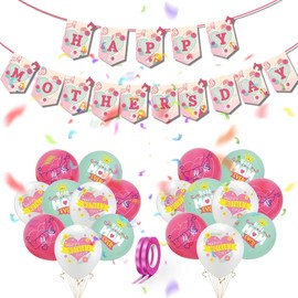Mothers Day Decorations-18 Pcs Mothers Day Balloons,Happy Mothers Day Banner-Best Mum Ever Pink White Green Latex Balloons,Mothers Day Bunting from Daughter Son for Mum Grandma Birthday Party Supplies