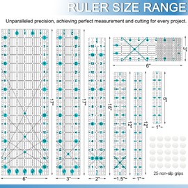 HLZC Quilting Ruler, Sewing Ruler, 8 Pack, Acrylic Quilting Templates(6"x17",3"x17",2"x16",1.5"x12",1"x12",1"x6",6"x3"), Non Slip Rings 25 Pieces, Sewing and Quilting Supplies - Clear/Blue