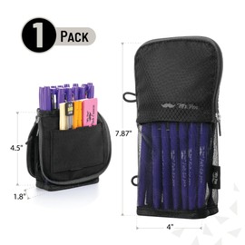 Mr. Pen- Standing Pencil Case Pouch, Sit & Lay Mesh-View Design, Black with Gray Zipper, Interior Pocket & 2 Elastic Binder Loops, Cute Pencil Case for Girls and Boys