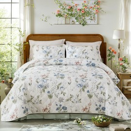 Cozaline Green Floral Quilt Set King Size 100% Cotton Quilt Bedding Sets - Green Flower Leaf Print Botanical Bedding - Lightweight Coverlet Ultra Soft Bedspread Set with Pillowcases for All Season