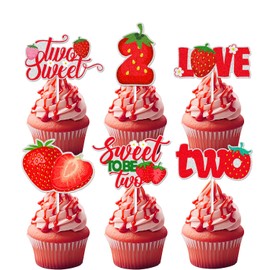 18pcs Strawberry Happy Birthday Summer 2 Years Old Birthday Cupcake Toppers Happy 2nd Birthday Fruit Theme Cupcake Picks Red Two Sweet Themed Birthday Party Supplies