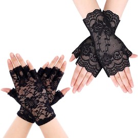JKJF 2 Pairs Fingerless Lace Gloves Lace Half Finger Gloves 1920s Opera Festival Party Gloves Bridal Lace Gloves for Wedding Masquerade Costume Theme Party - Black, black