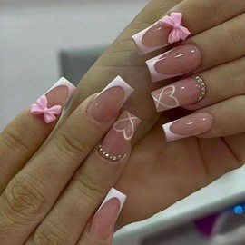 24Pcs French Tip Press on Nails with Pink Bow Heart Pink V-shaped French Bow Valentine's Day Nails Press ons Cute French Long Square Shape Heart Nails Rhinestones Nails Acrylic Nails for Women Girls