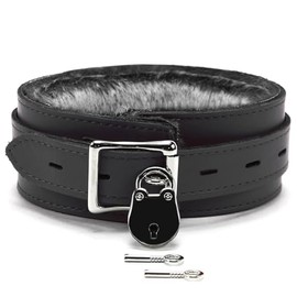 VP Leather Barcelona Collar Full Grain Leather Latigo Leather Faux Chinchilla Fur (Large, Black)