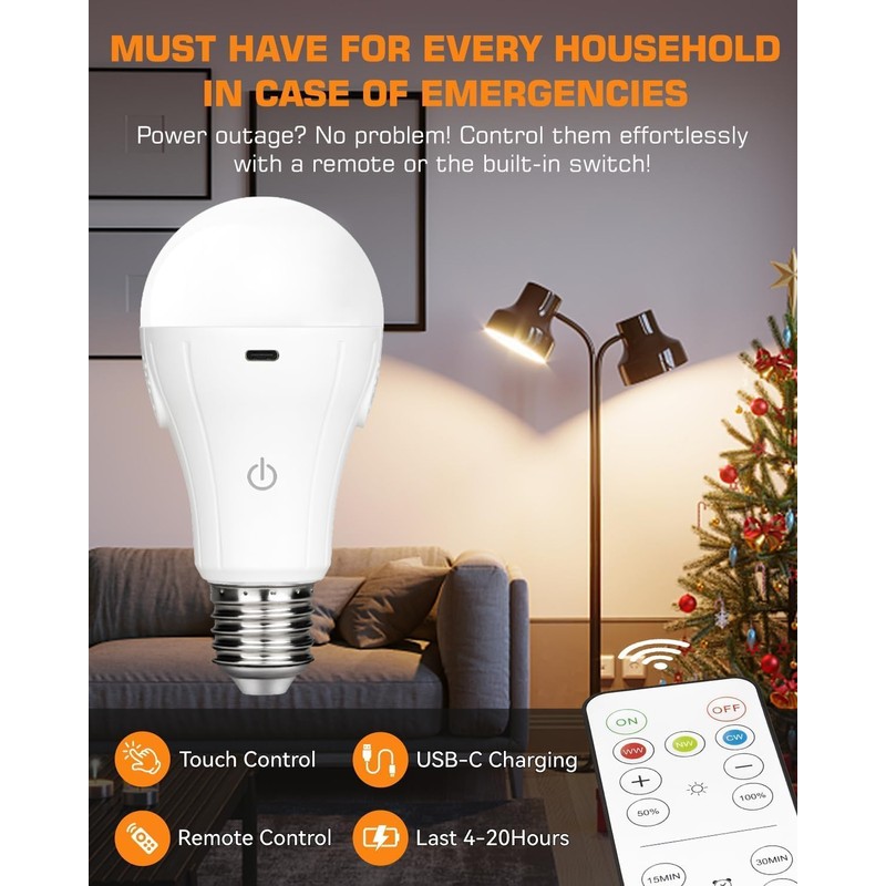 CordlessGlow 15W Rechargeable Light Bulbs with Remote, 3 Color Temperatures