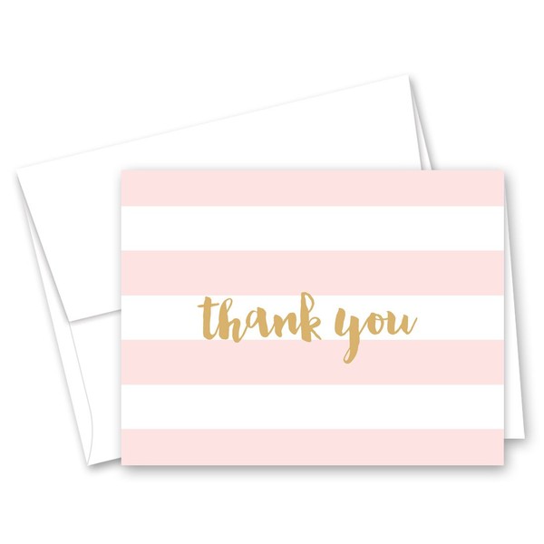 50 Horizontal Stripes Script Thank You Cards (Pink-Gold)