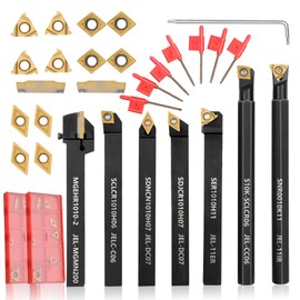 Indexable Lathe Turning Tool 21Pcs Kit 3/8'' 10mm Shank 7Pcs Metal Lathe Tools Holder Set with 14Pcs Turning Inserts for Turning Grooving Threading Boring Carbide Inserts Carbide Turning Tool