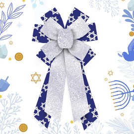 ABTOLS Large Hanukkah Bows for Wreath, Blue Silver Glitter Hanukkah Wreath Bows Star of David Color Bows for Front Door, Jewish Christmas Ornament Tree Topper Bows for Hanukkah Indoor Outdoor Decor